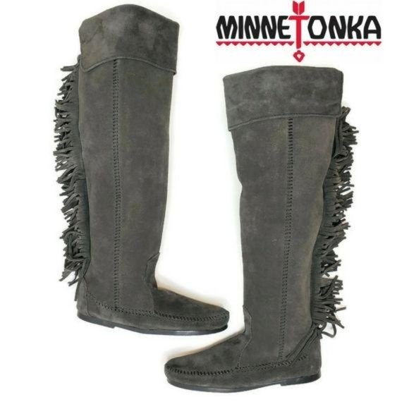 Minnitonka NWT over the knee fringe leather boots charcoal gray sz 5 small feet - Picture 1 of 13